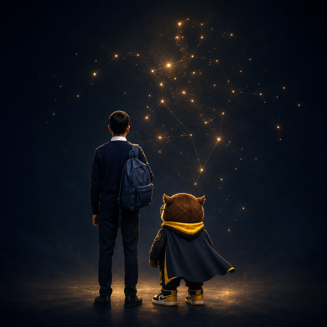 A student and EZI looking up at a constellation of connected lights forming a pattern