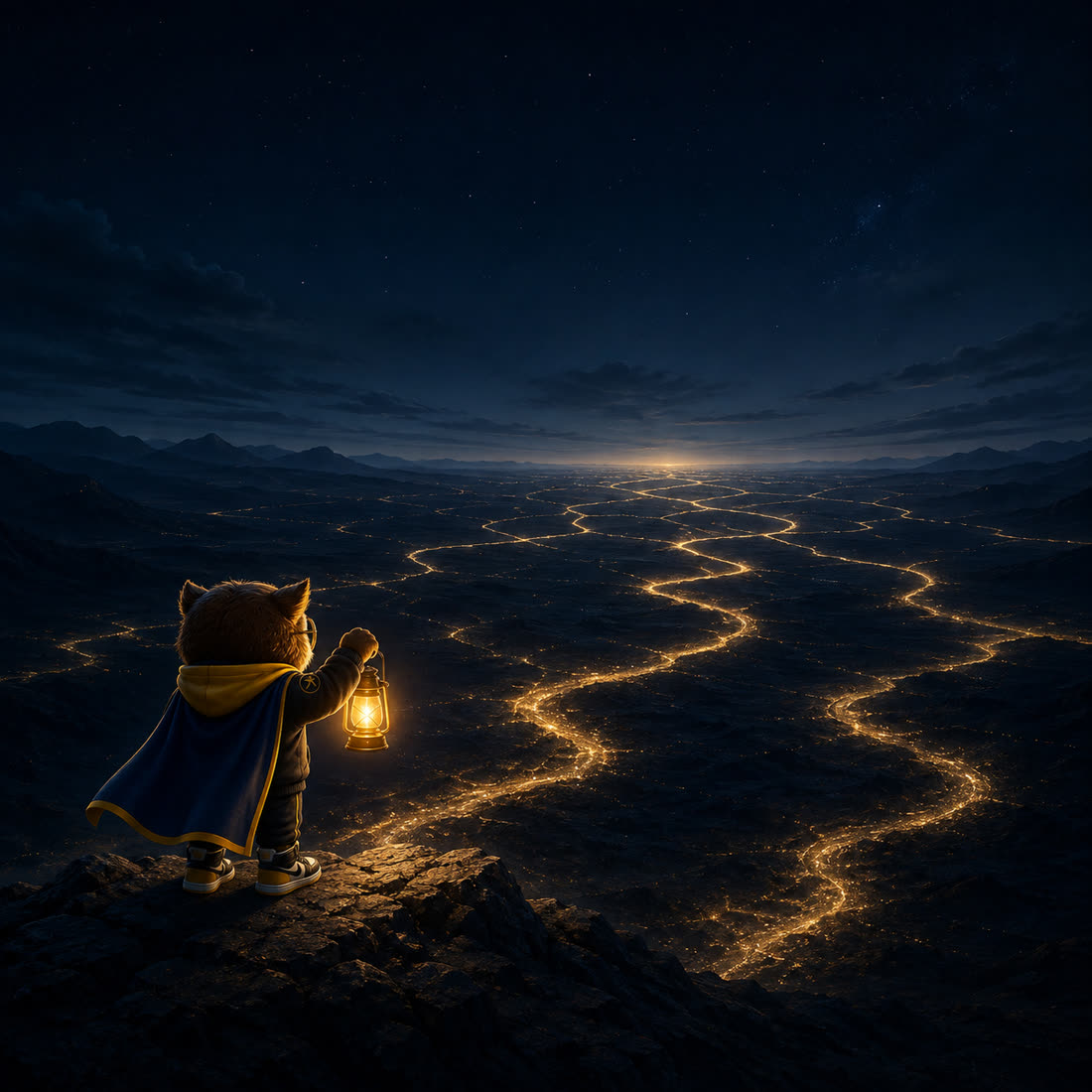 EZI holding a lantern above a dark valley where many lit paths branch toward the horizon