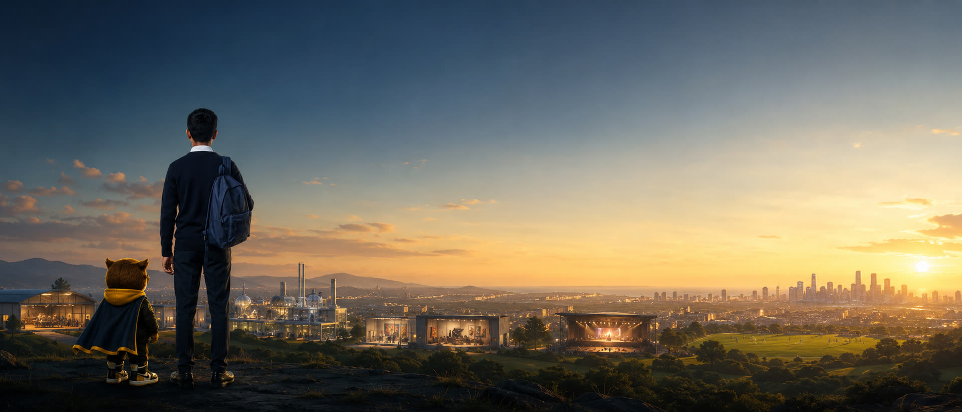 A student and EZI standing on a ridge at sunrise, looking out over many different worlds of work